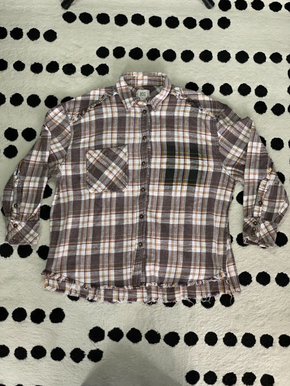 BDG Distressed Plaid Flannel Shirt Jacket S Brown Purple Raw Hem Grunge Shacket